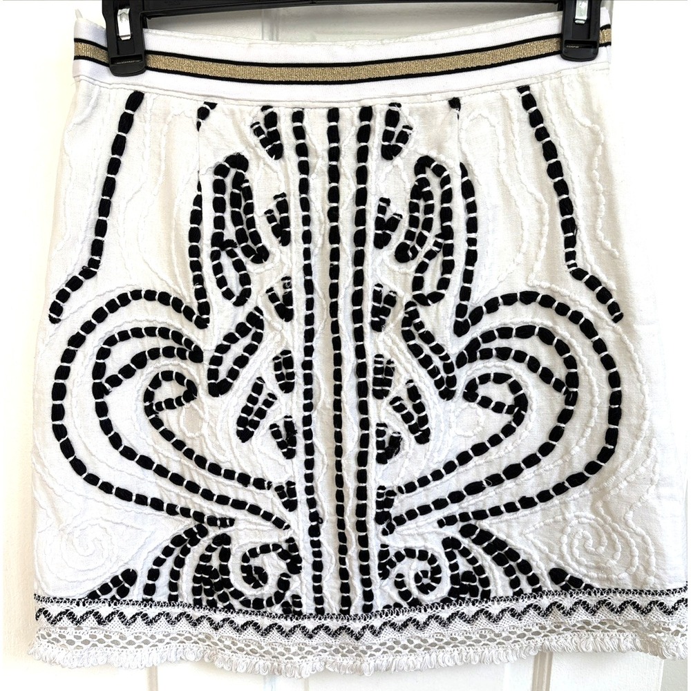 Tribal Womens Embroidered Linen Blend Mini Skirt White Black‎ Gold 4446O-3194 4